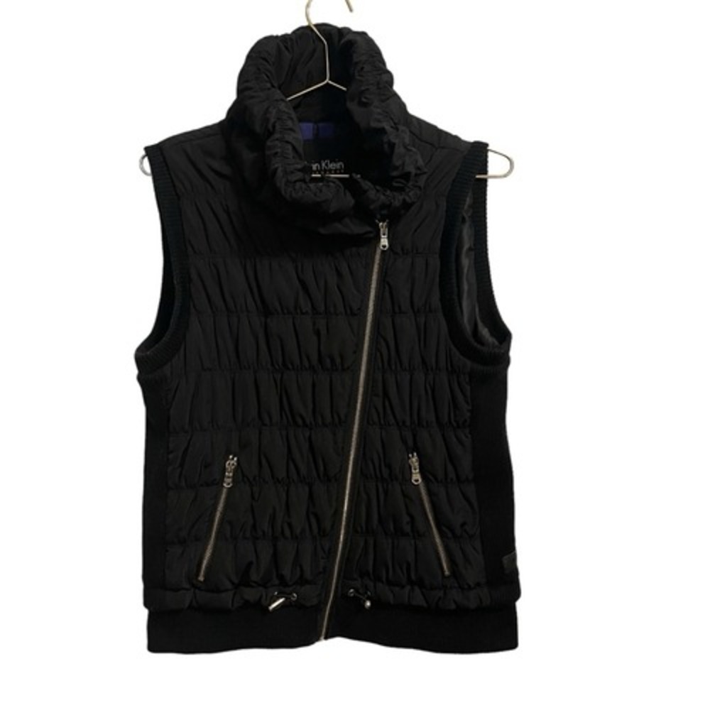 Calvin Klein Performance Womens Black Asymmetrical Ruched Quilted Vest Large